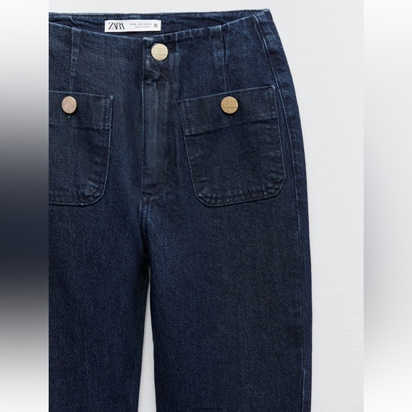 Zara NWOT Dark wash pocket button front straight leg semi cropped denim jeans - Picture 3 of 9